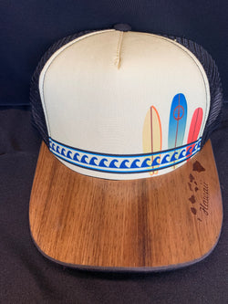 Koa Wood Yellow Surfboards Snap Back Hat  w/ Island Chain Flat Rim