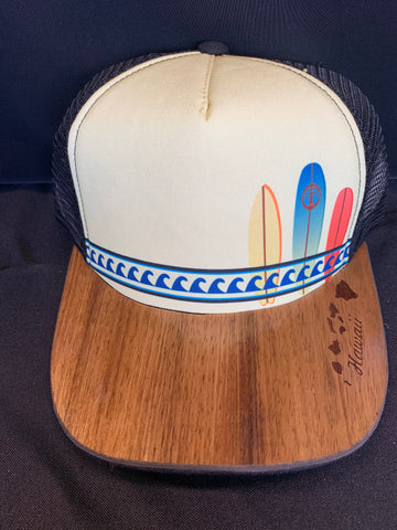 Koa Wood Yellow Surfboards Snap Back Hat  w/ Island Chain Flat Rim