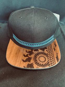 Koa Wood Black Tribal Blue Waves w/ Sunburst Flat Rim