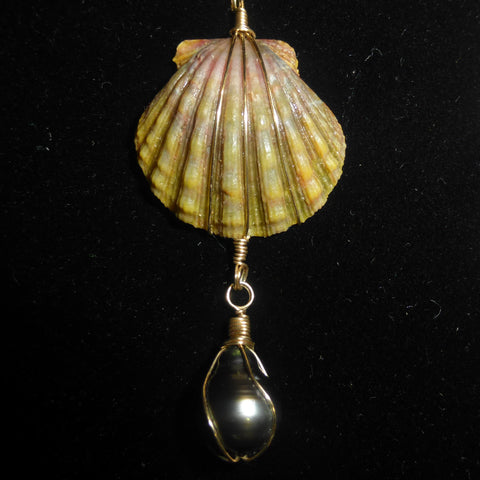Kauaian sunrise shell necklace with a Tahitian Pearl