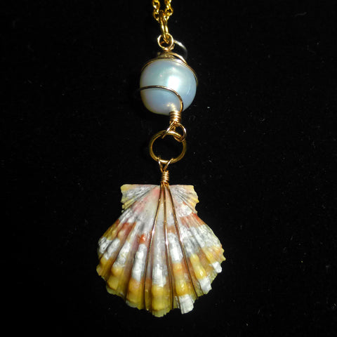 Sold - Sunrise Shell Necklace w/ fresh water pearl on 18k gold necklace