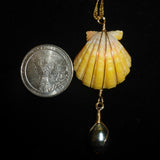 Sunrise Shell Necklace w/ Tahitian pearl on 18k Gold spiral herringbone chain
